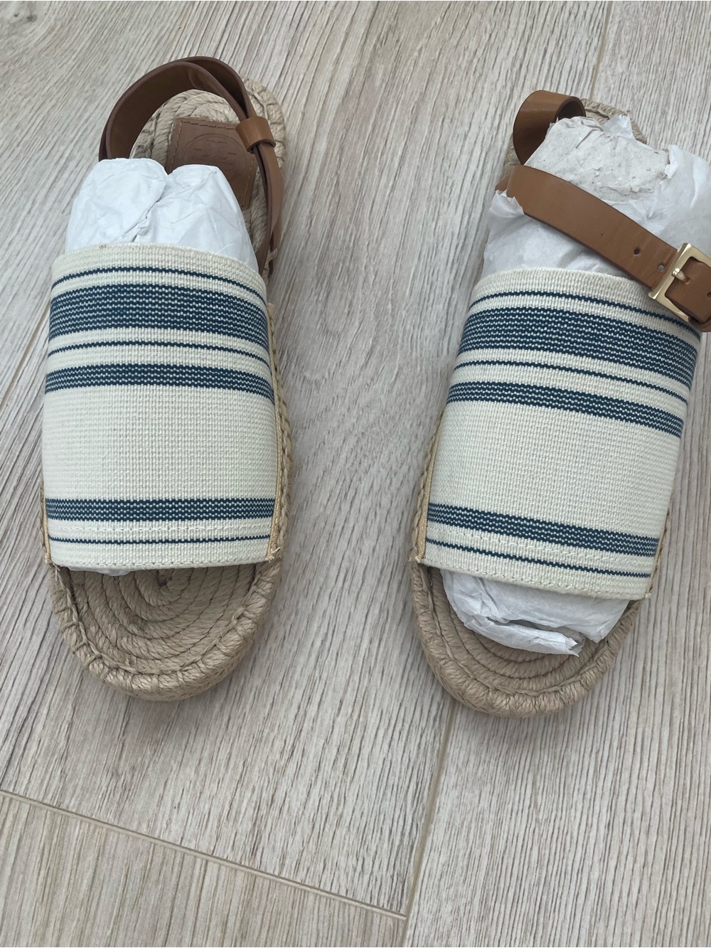 Tory Burch Cream and Navy Striped Espadrille Sandals with Tan Leather Straps